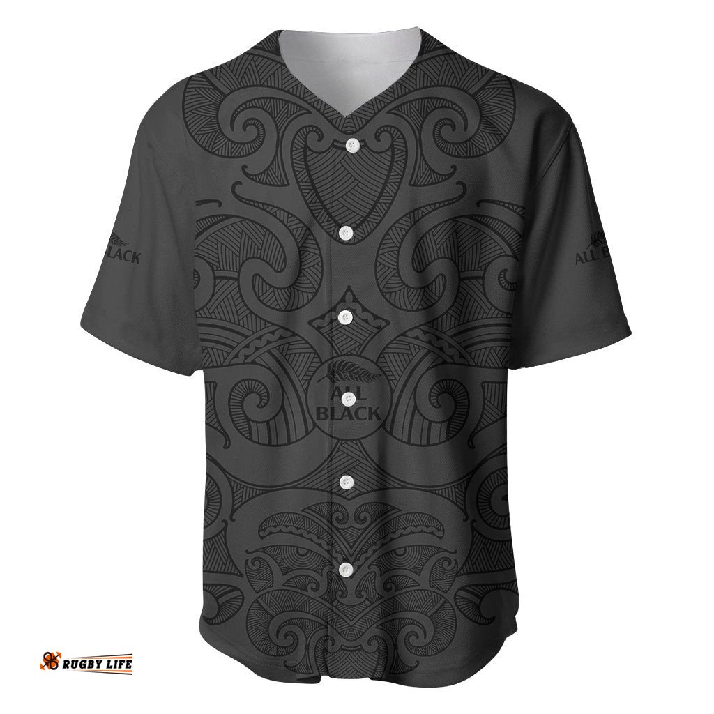 Custom Text And Number New Zealand Rugby Baseball Jersey Shirt All Black Fern with Maori Tribal Pattern