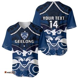Personalised Geelong Football Baseball Jersey Shirt Go Cats Aboriginal Mix Polynesian Pattern