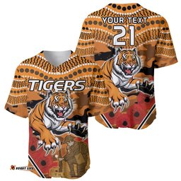 Custom Wests Tigers Rugby ANZAC Baseball Jersey Shirt Aboriginal and Army Patterns