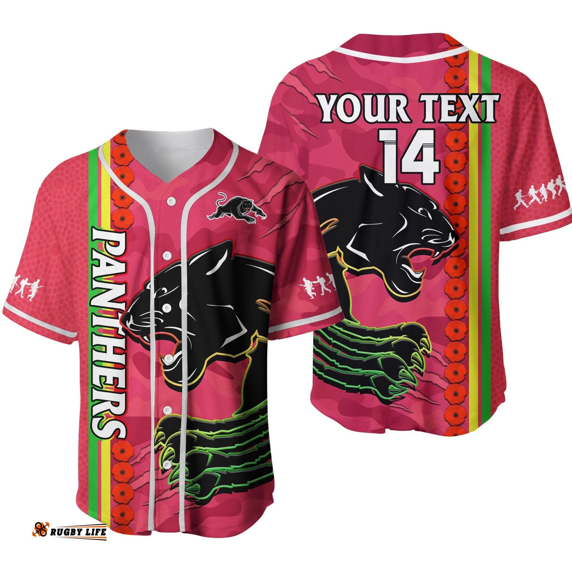 Custom Text And Number Panthers Rugby ANZAC Baseball Jersey Shirt Aboriginal Mix Poppy Camouflage Pink Ver.02