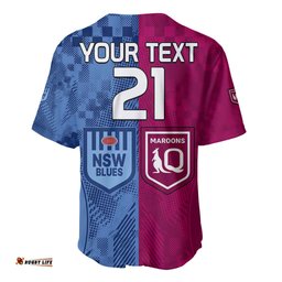 Custom Text And Number Blues and Maroons Rugby Baseball Jersey Shirt State of Origin NSW Combine QLD Sporty Style