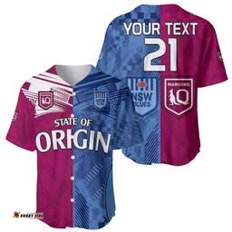 Custom Text And Number Blues and Maroons Rugby Baseball Jersey Shirt State of Origin NSW Combine QLD Sporty Style