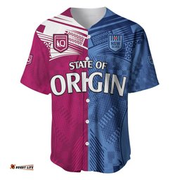 Custom Text And Number Blues and Maroons Rugby Baseball Jersey Shirt State of Origin NSW Combine QLD Sporty Style