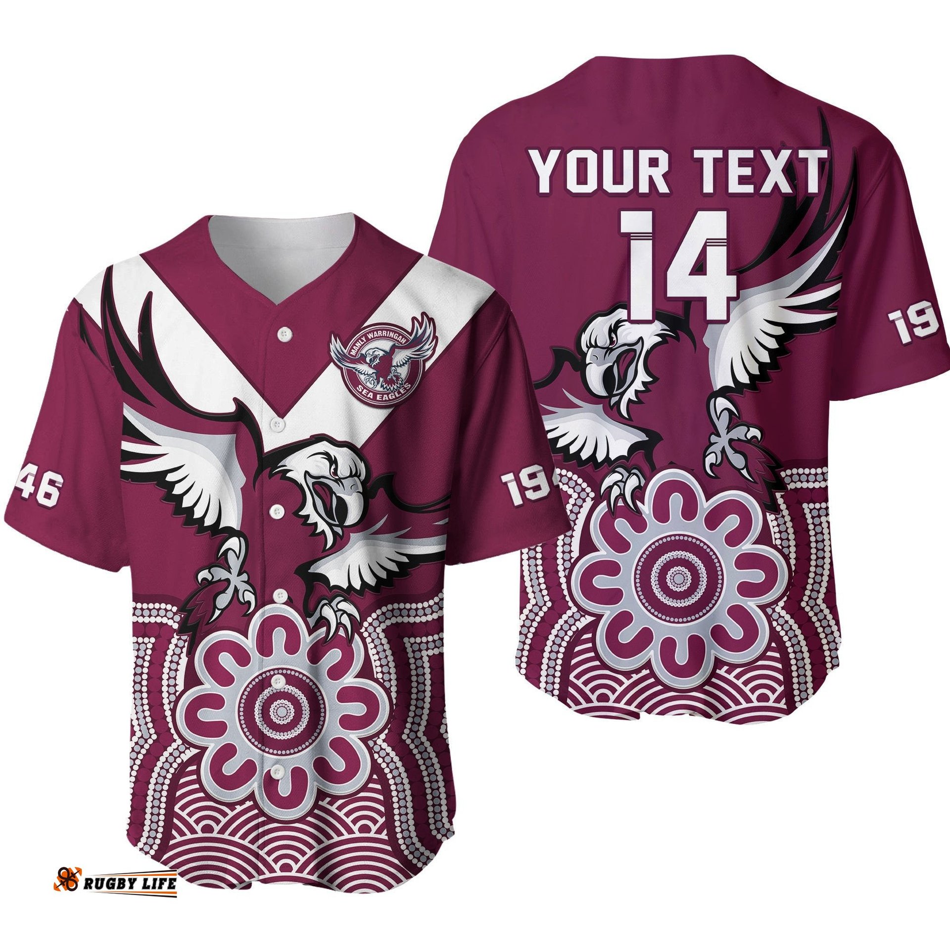 Custom Text And Number Sea Eagles Rugby Baseball Jersey Shirt Manly Warringah Indigenous Art