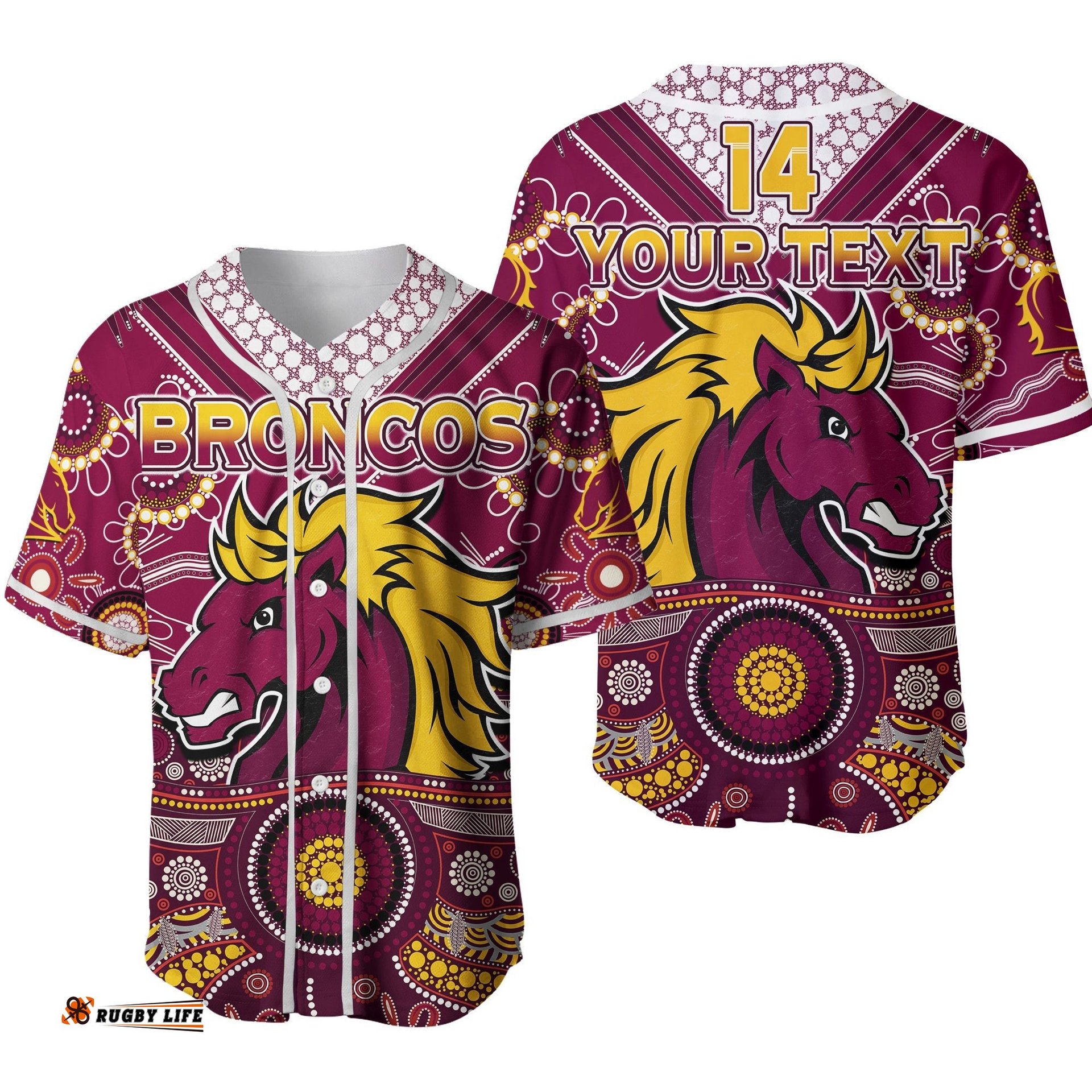 Custom Text And Number Broncos Rugby Baseball Jersey Shirt Indigenous Pattern Artsy Strip Ver.02