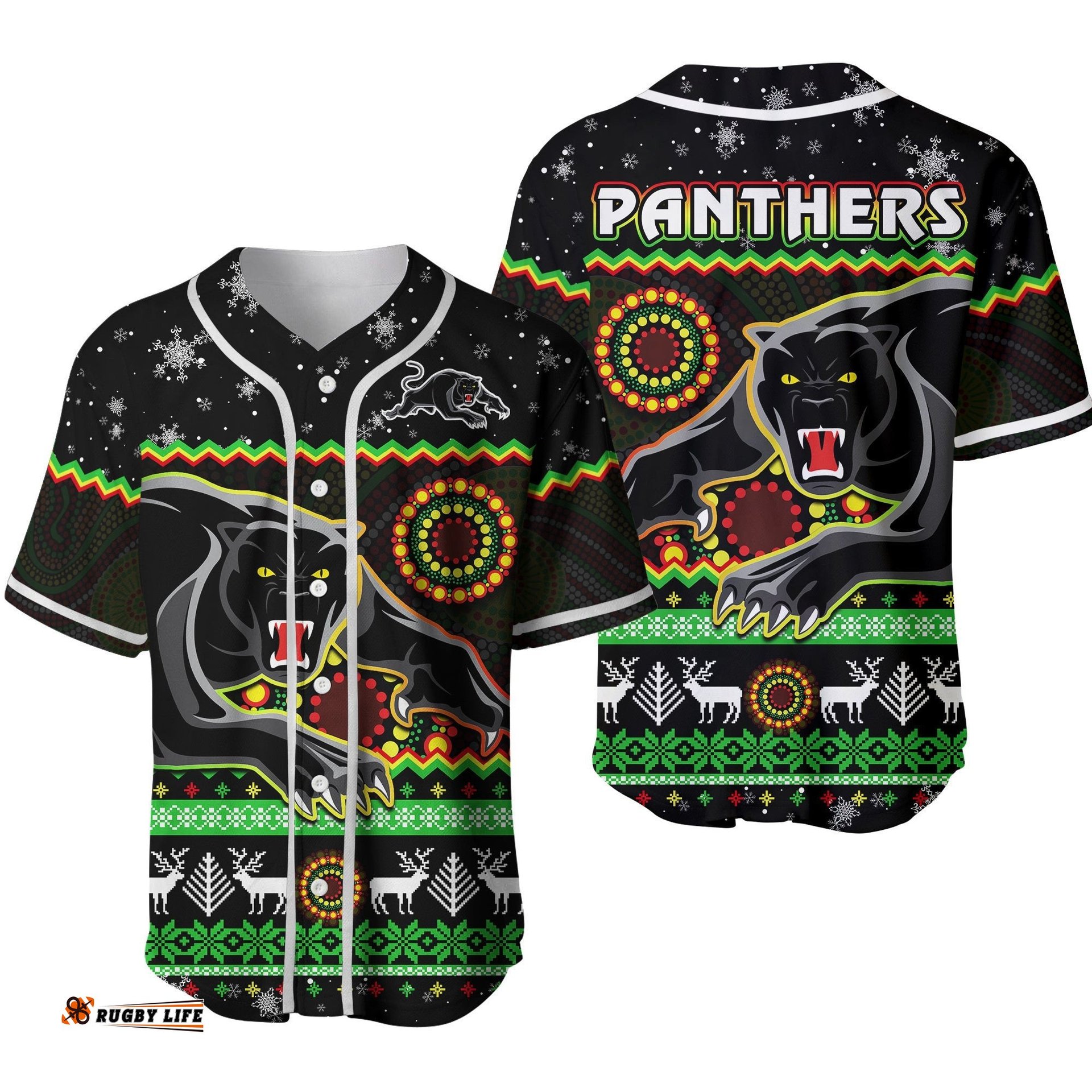 Panthers Christmas Baseball Jersey Shirt Aboriginal Pattern Penrith Black Version 2