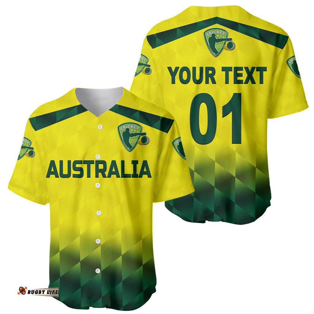 Custom Personalised Australia Cricket Baseball Jersey Shirt Aussie Unique Gradient Yellow Vibes 01