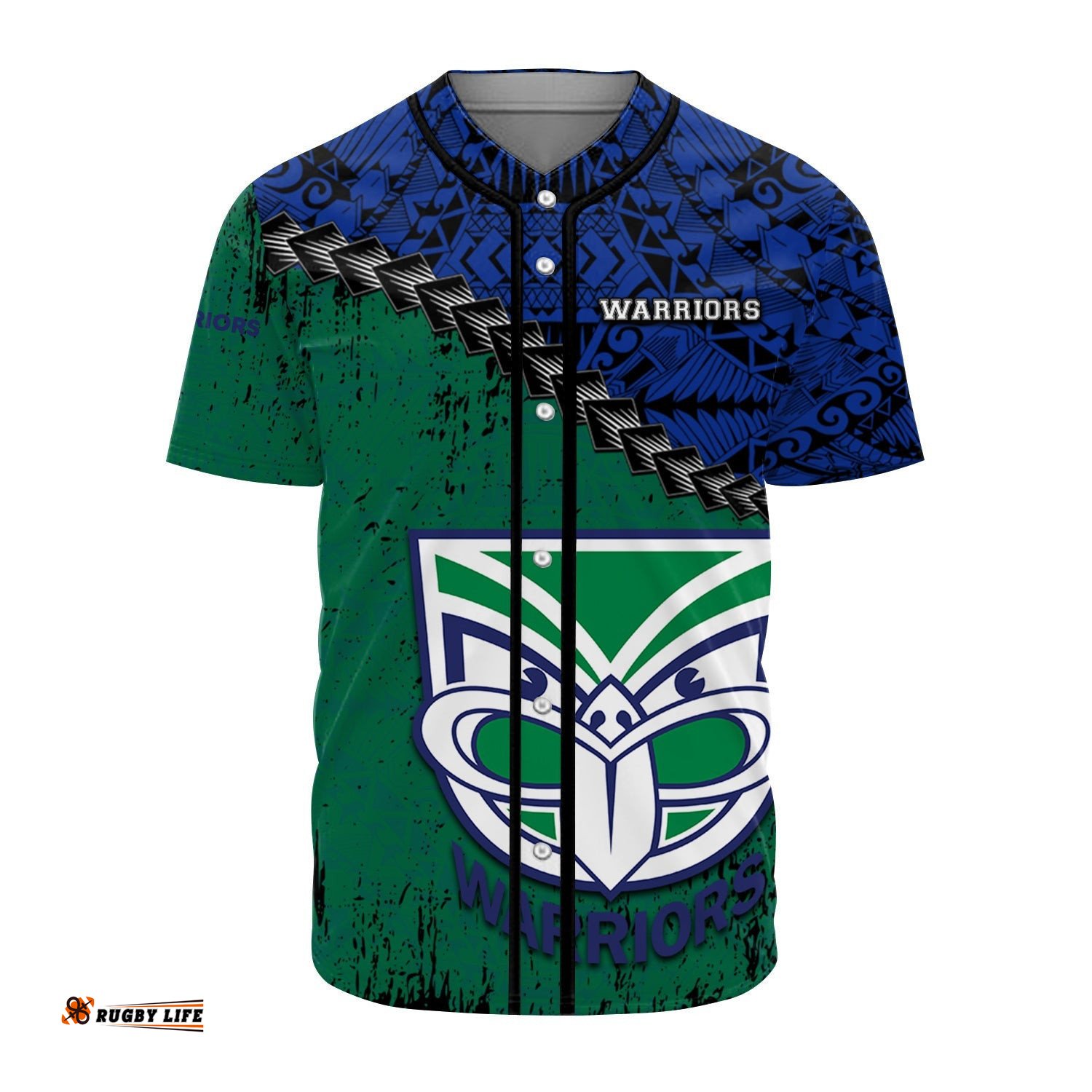 New Zealand Warriors Baseball Jersey Shirt Grunge Polynesian Tattoo NRL
