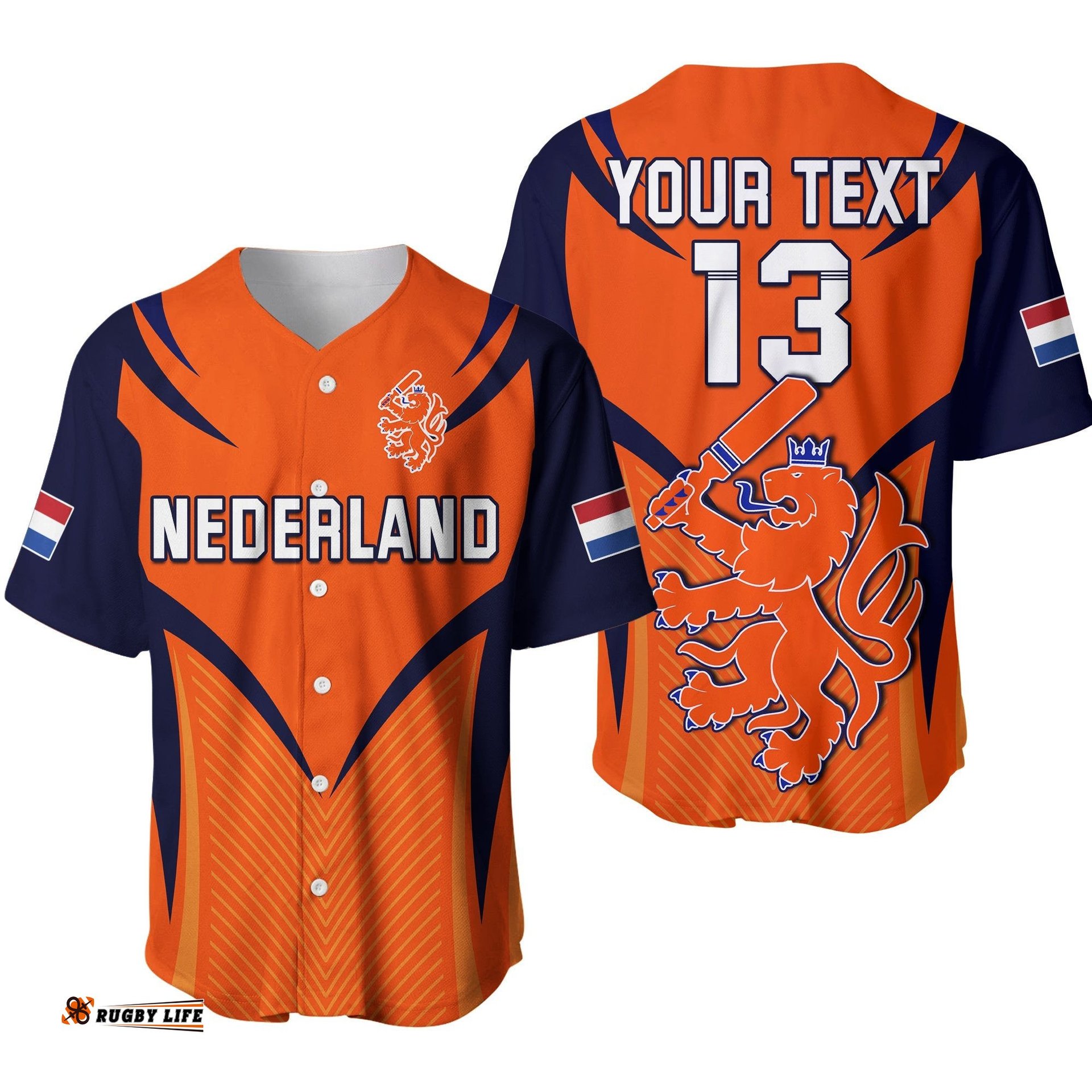 Custom Text and Number Netherlands Cricket Baseball Jersey Shirt T20 World Cup Nederland Lion Ver.01