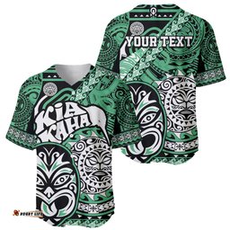 Personalised Te Reo Maori New Zealand Baseball Jersey Shirt Aotearoa Kia Haka Maori Tribal Tattoo Green Style
