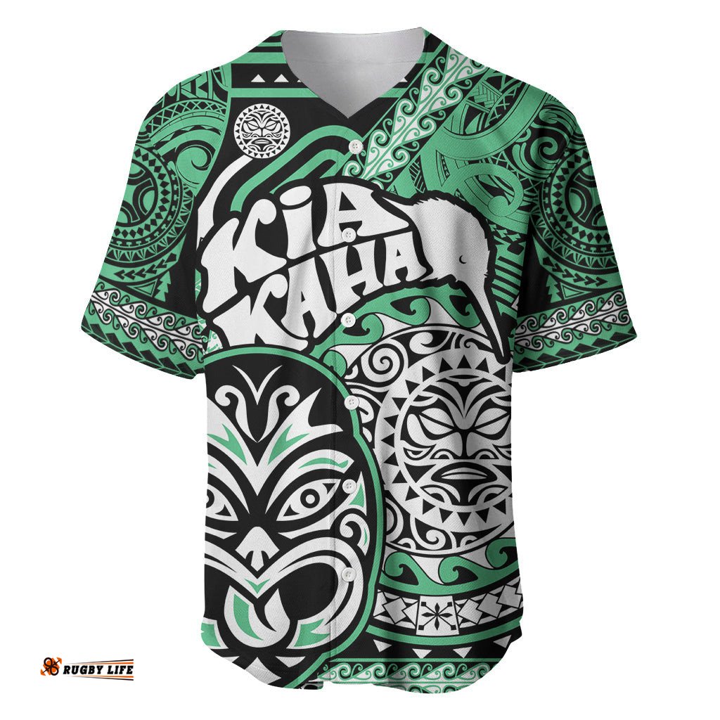 Personalised Te Reo Maori New Zealand Baseball Jersey Shirt Aotearoa Kia Haka Maori Tribal Tattoo Green Style