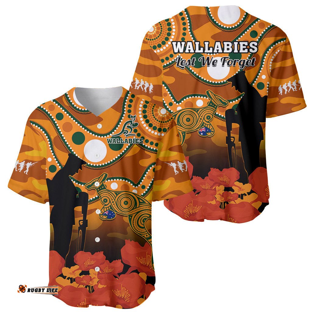 Wallabies Rugby ANZAC Baseball Jersey Shirt Aboriginal Camouflage Lest We Forget