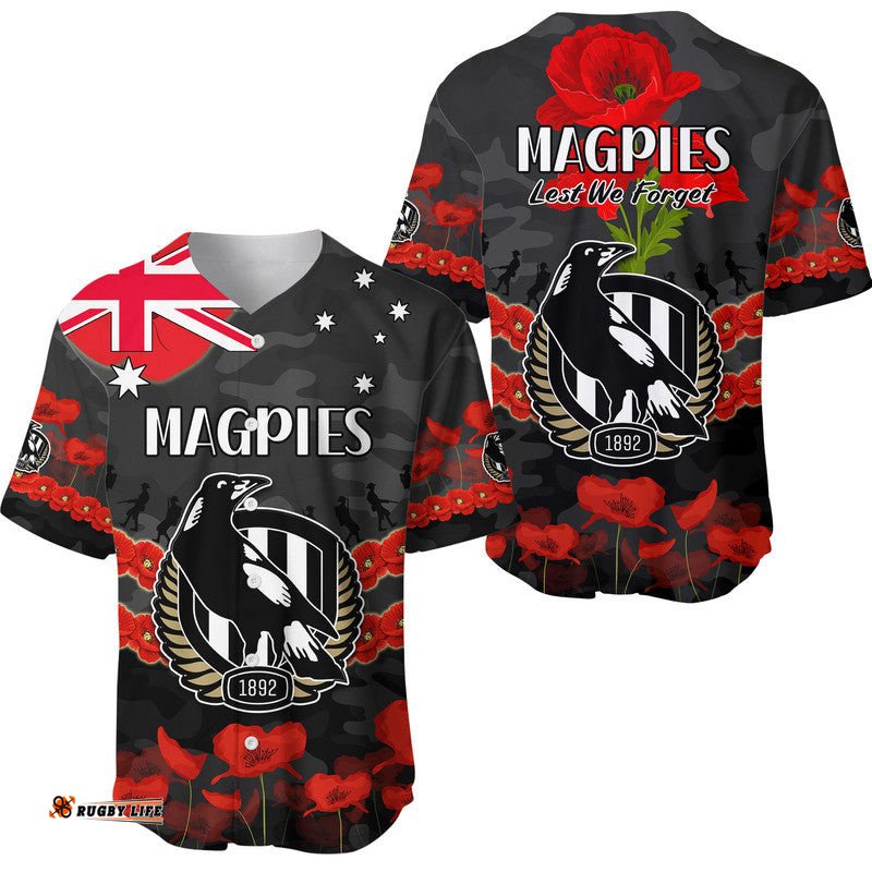 Magpies Football ANZAC Baseball Jersey Shirt Lest We Forget