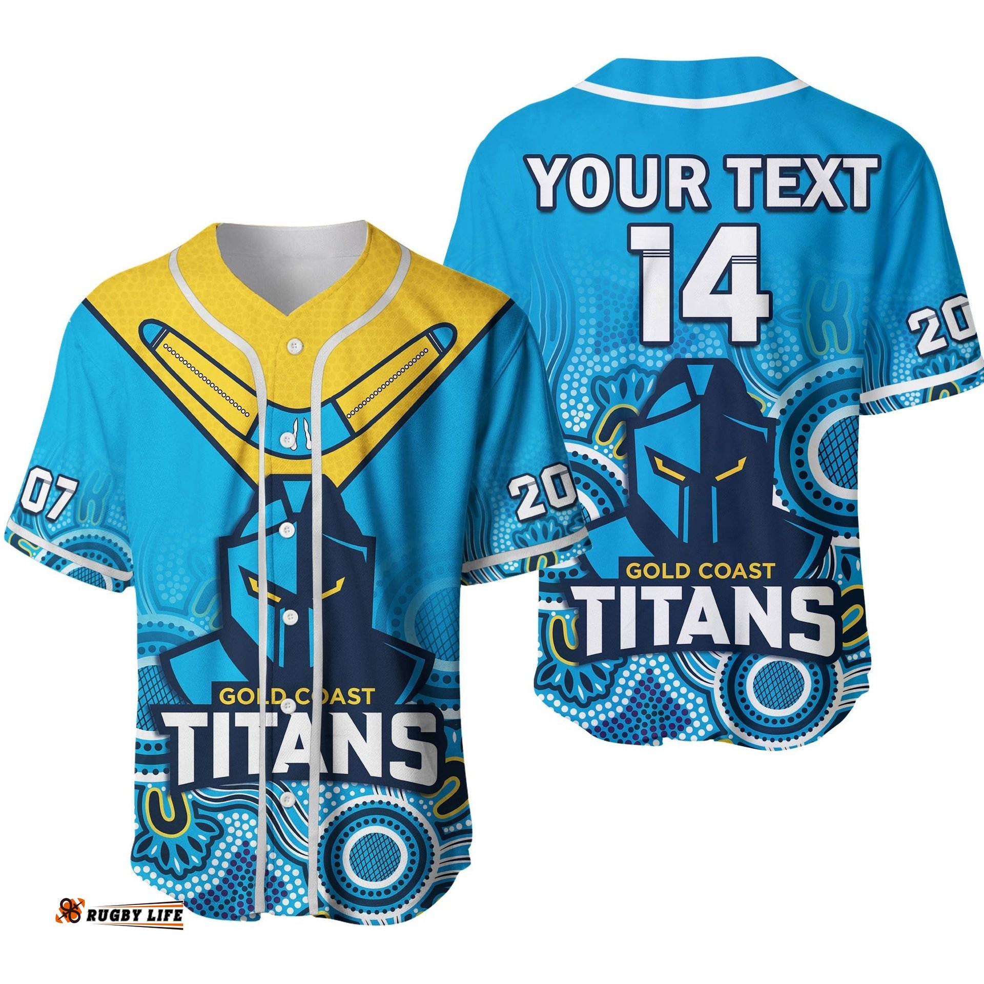 Custom Text And Number Titans Rugby Baseball Jersey Shirt Gold Coast 2007 Aboriginal Art Ver.02