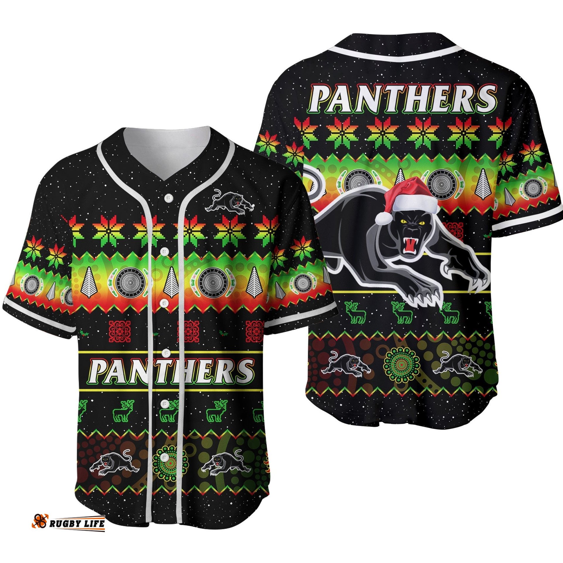 Penrith Panthers Christmas Baseball Jersey Shirt The Riff Aboriginal Art Merry Xmas Ver.02