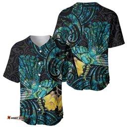 New Zealand Fantail Bird Baseball Jersey Shirt Maori Piwakawaka Kowhai Paua Shell Pattern