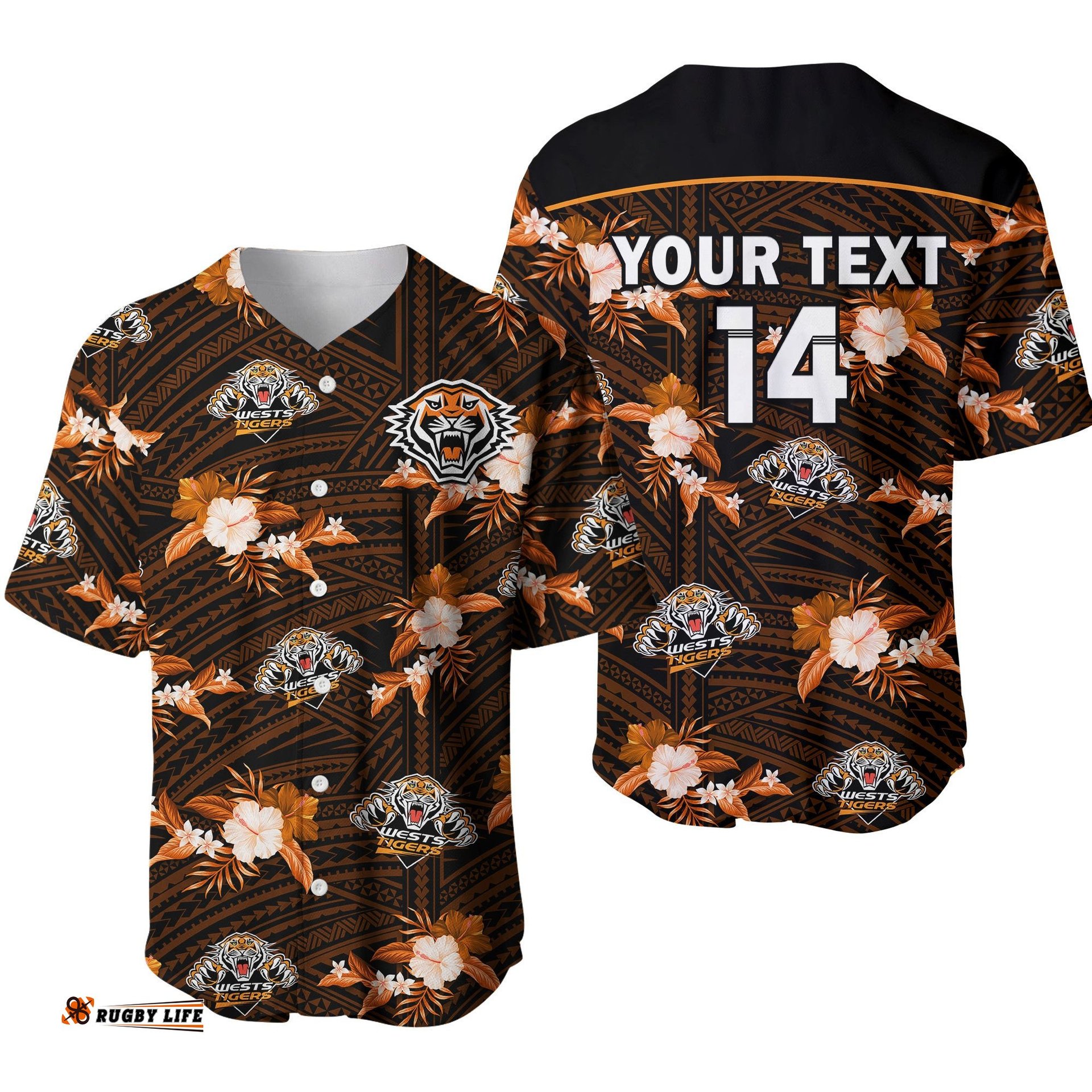 Custom Text And Number Wests Tigers Rugby Baseball Jersey Shirt Polynesian Tribal Mix Tropical Hawaiian Style