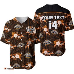 Custom Text And Number Wests Tigers Rugby Baseball Jersey Shirt Polynesian Tribal Mix Tropical Hawaiian Style
