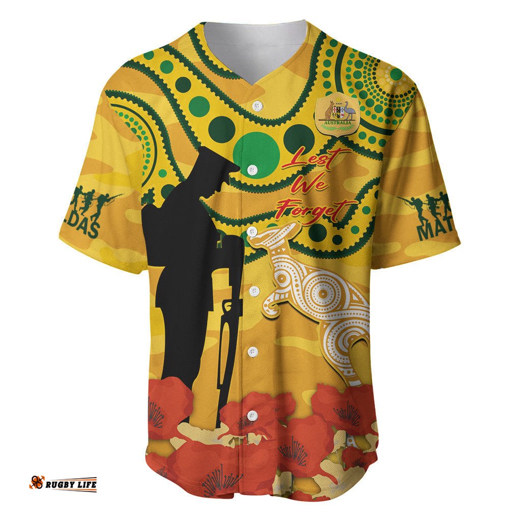 Custom Matildas ANZAC Day Baseball Jersey Shirt Lest We Forget Poppies Mix Camouflage Gold