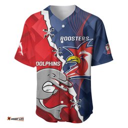 Personalised Dolphins And Roosters Rugby Baseball Jersey Shirt NRL Sporty Style