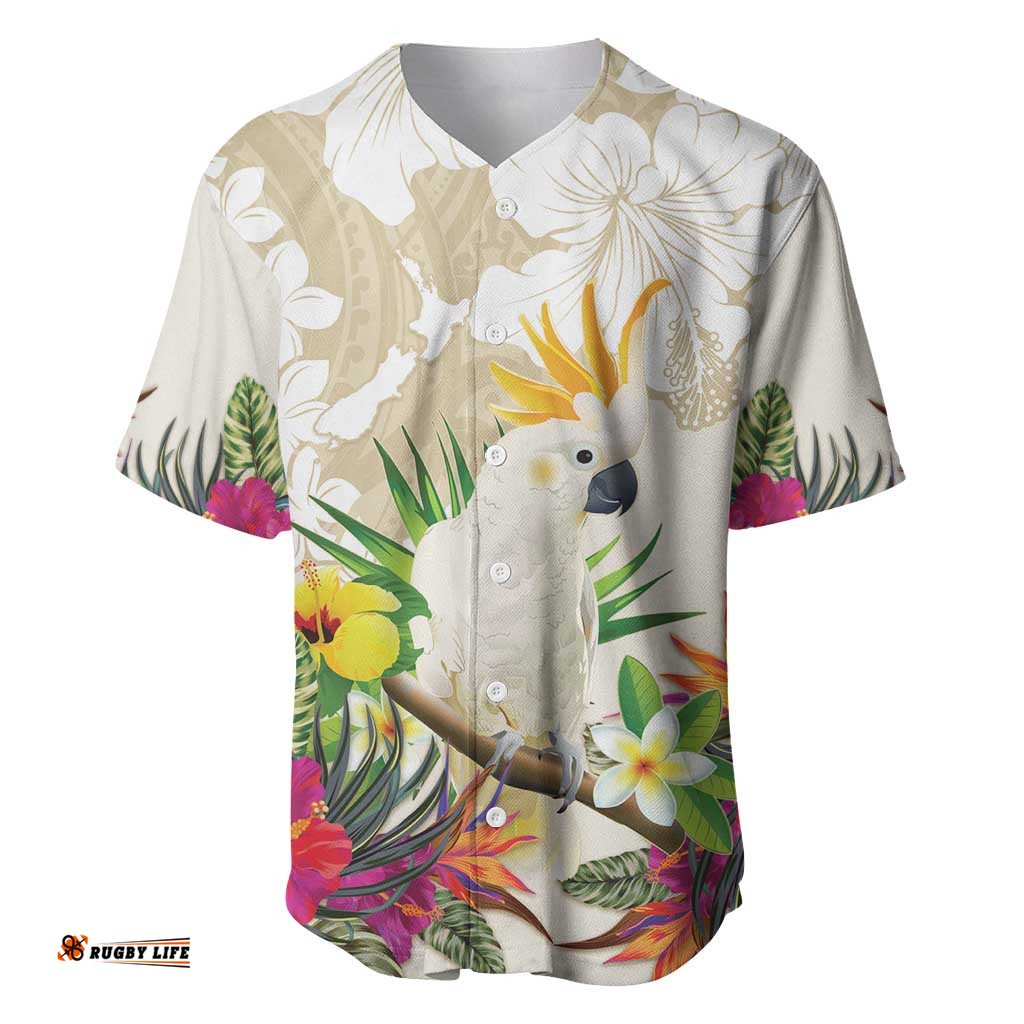 New Zealand Cacatua Galerita Baseball Jersey Shirt Aotearoa Cockatoo Tropical Flowers