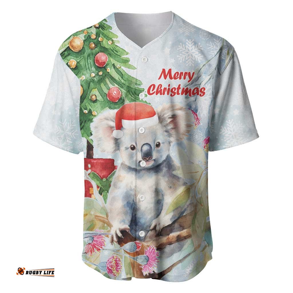 Australia Christmas Baseball Jersey Shirt Koala Santa With Eucalyptus Watercolor