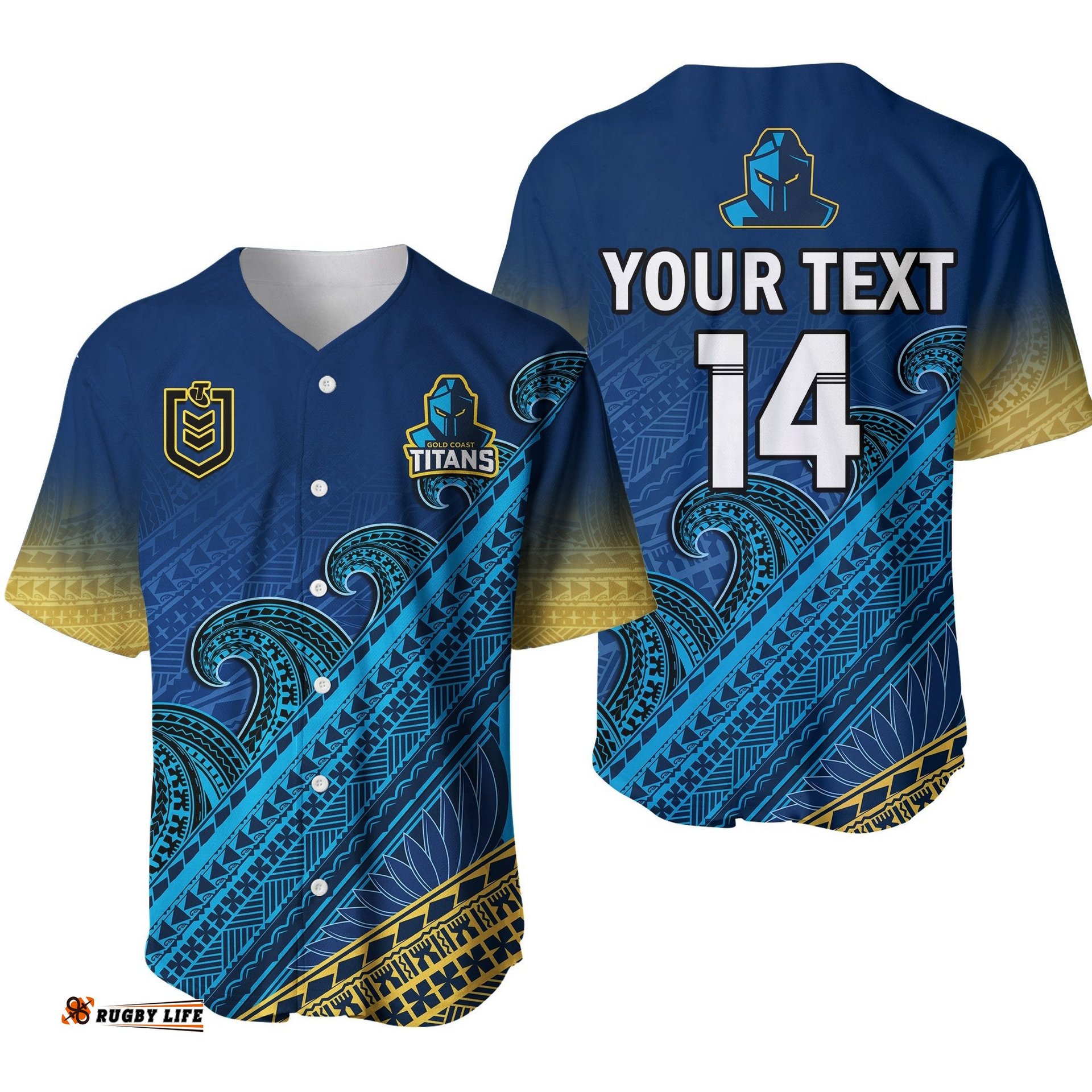 Custom Text And Number Gold Coast Titans Rugby Baseball Jersey Shirt Pasifika Gradient Polynesian Pattern