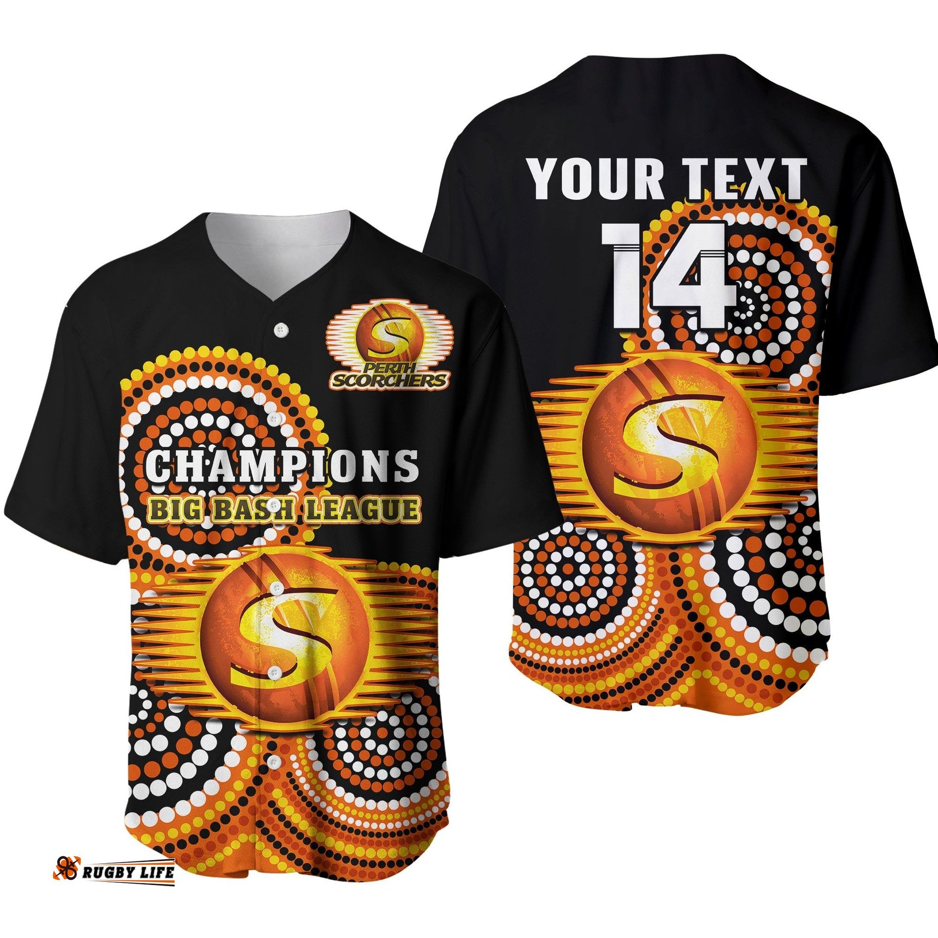 Custom Text And Number Perth Scorchers Cricket Baseball Jersey Shirt Champions BBL12 Proud Indigenous Art Ver.01
