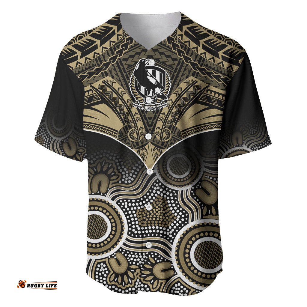 Personalised Collingwood Football Baseball Jersey Shirt Go Magpies Aboriginal Mix Polynesian Pattern