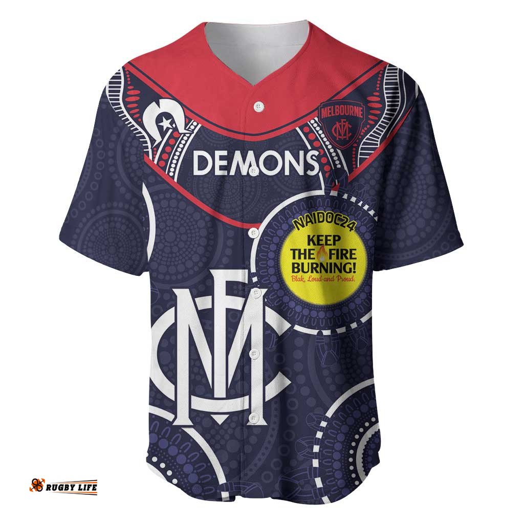 Custom AFL Demons NAIDOC Week Baseball Jersey Shirt Keep The Fire Burning Indigenous Art