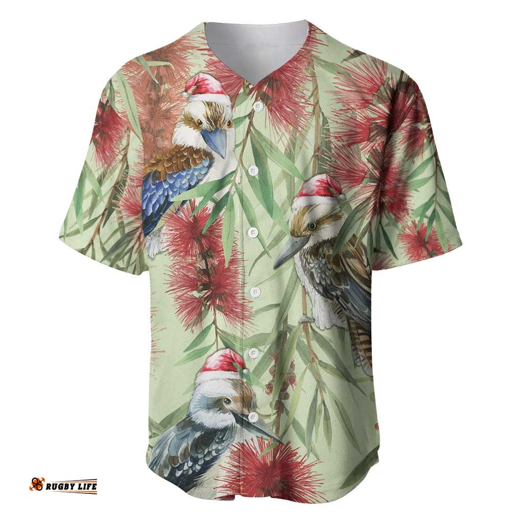 Australia Christmas Baseball Jersey Shirt Kookaburra Santa on Callistemon Pastel