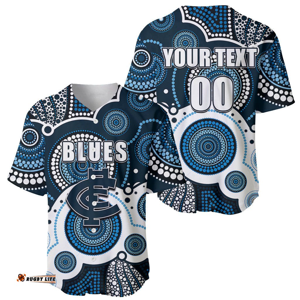 Custom Personalised And Number Blues AFL Baseball Jersey Shirt Aboriginal Patterns 03