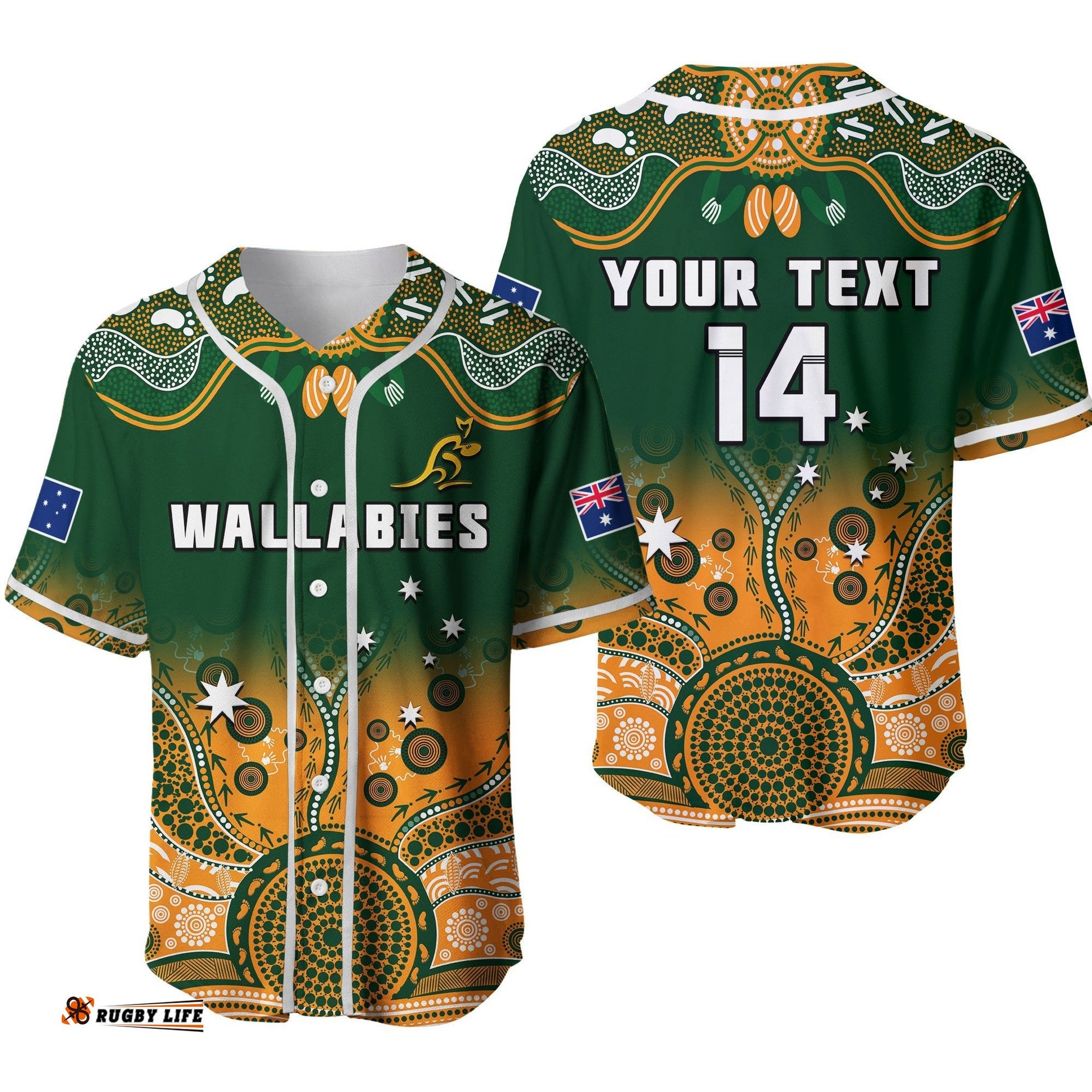 Custom Text And Number Australia Rugby Baseball Jersey Shirt Wallabies Kangaroo Green Aboriginal Ver.02