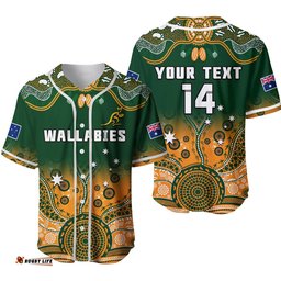 Custom Text And Number Australia Rugby Baseball Jersey Shirt Wallabies Kangaroo Green Aboriginal Ver.02