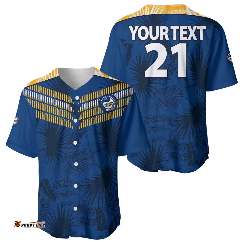 Custom Text And Number Parramatta Eels Rugby Baseball Jersey Shirt Simple Hawaiian Palms Leaf