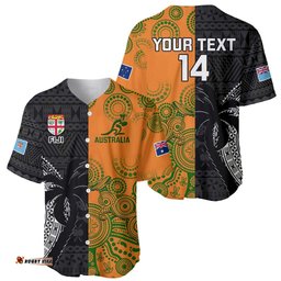 Custom Fiji And Australia Rugby Baseball Jersey Shirt Fijian Tapa Pattern With Aussie Aboriginal Art