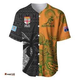 Custom Fiji And Australia Rugby Baseball Jersey Shirt Fijian Tapa Pattern With Aussie Aboriginal Art