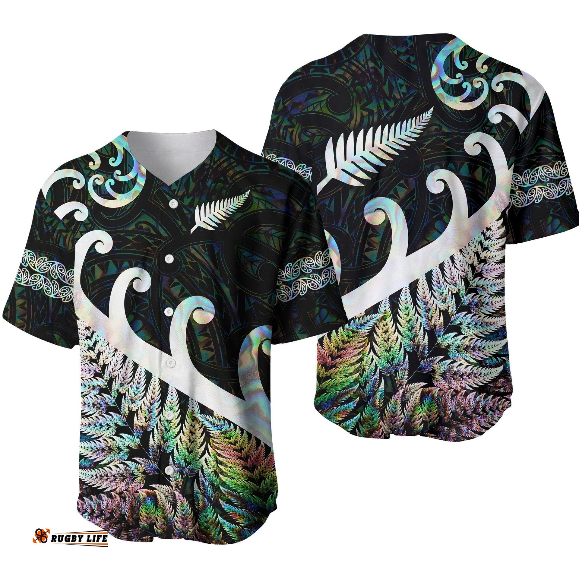 New Zealand Rugby Maori Baseball Jersey Shirt Silver Fern Koru Vibes Paua Shell