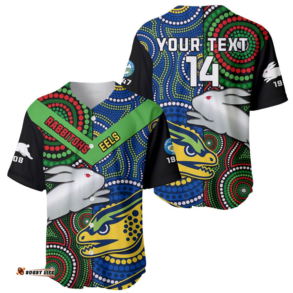 Custom Text And Number Rabbitohs Mix Eels Rugby Baseball Jersey Shirt Souths And Parra Indigenous
