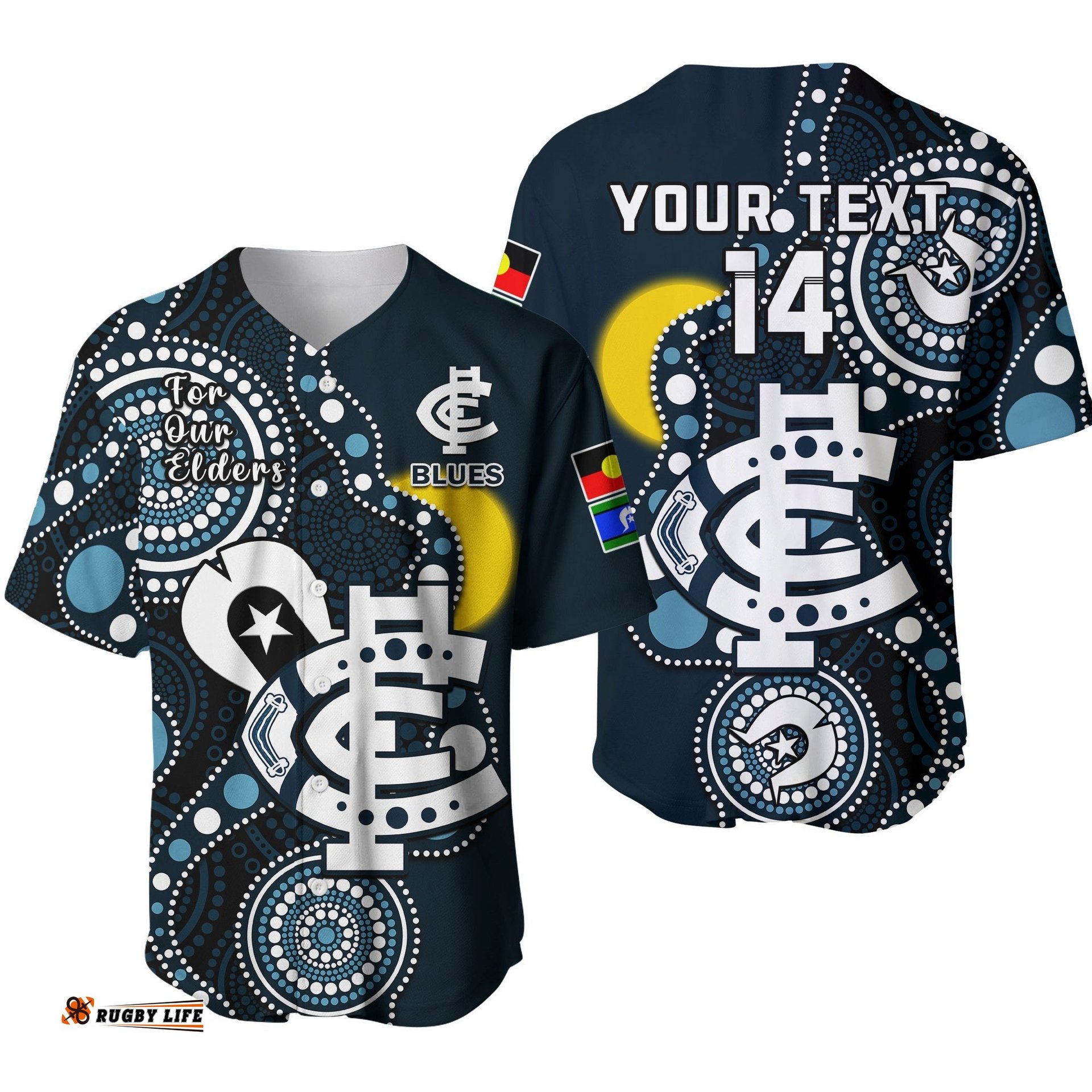 Custom Text And Number Carlton Football NAIDOC Baseball Jersey Shirt Blues For Our Elders Indigenous Art Ver.01
