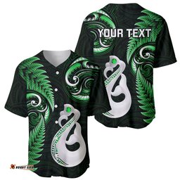 Personalised New Zealand Baseball Jersey Shirt Aotearoa Silver Fern With Manaia Maori Unique Green