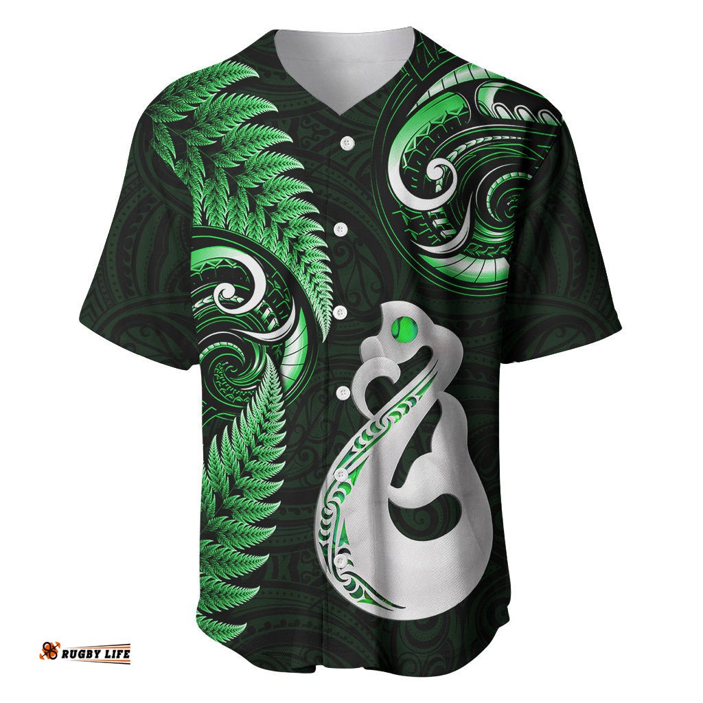 Personalised New Zealand Baseball Jersey Shirt Aotearoa Silver Fern With Manaia Maori Unique Green
