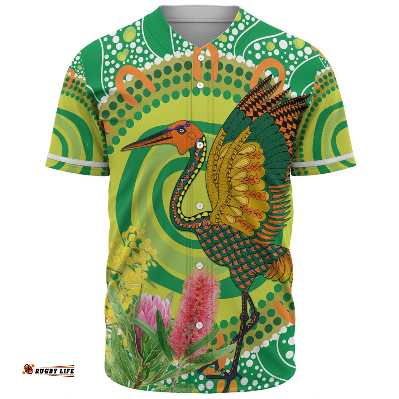 Australia Aboriginal Baseball Shirt - Brolga Bird Dancing With Australia Native Flowers V2 Baseball Shirt