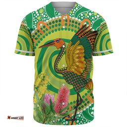 Australia Aboriginal Baseball Shirt - Brolga Bird Dancing With Australia Native Flowers V2 Baseball Shirt
