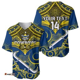 Personalised Cowboys Rugby Baseball Jersey Shirt Aboriginal Mix Polynesian Pattern