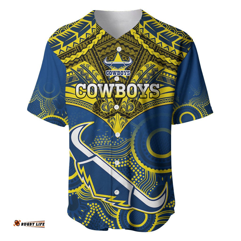 Personalised Cowboys Rugby Baseball Jersey Shirt Aboriginal Mix Polynesian Pattern