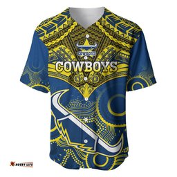 Personalised Cowboys Rugby Baseball Jersey Shirt Aboriginal Mix Polynesian Pattern