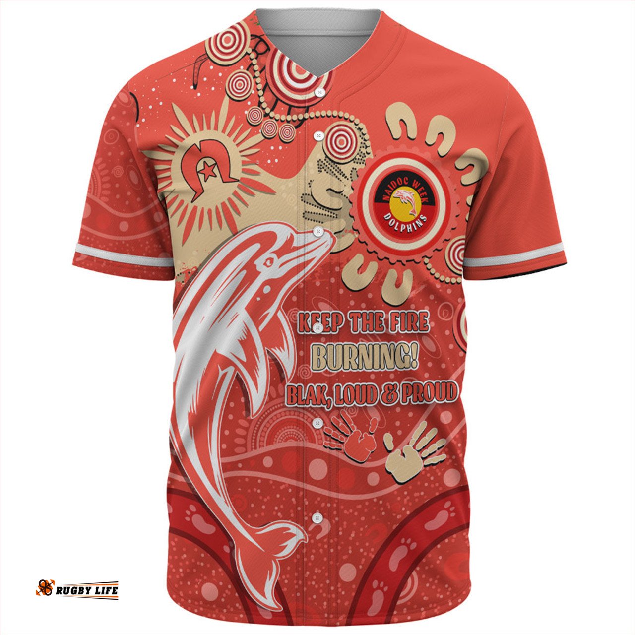 Redcliffe Dolphins Baseball Shirt Aboriginal Indigenous Naidoc Week Dreamtime Dot Painting With Flag