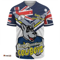 North Queensland Cowboys Baseball Shirt - Happy Australia Day We Are One And Free V2