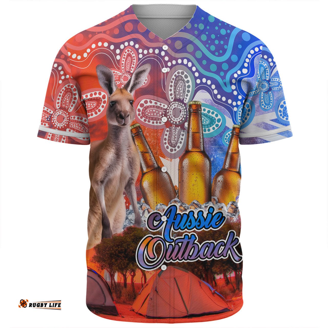 Australia Kangaroo Aboriginal Camping Custom Baseball Shirt - Aussie Outback Camping with Beer Baseball Shirt